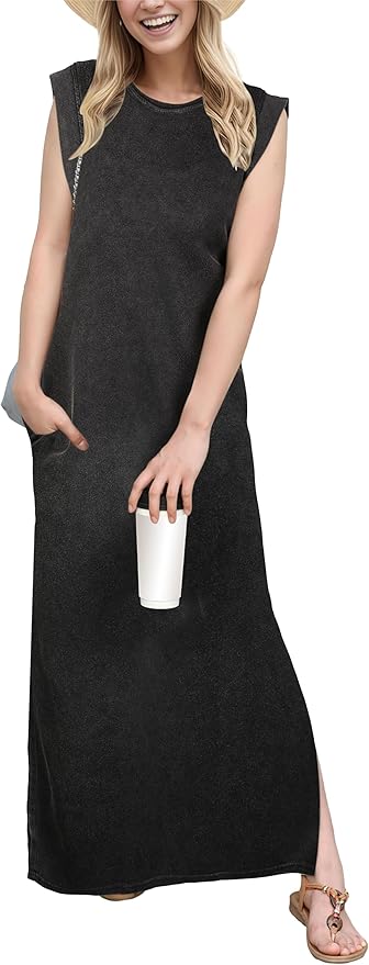 GRECERELLE 2026 Women Year-Round Casual Round Neck Loose Split Wrinkle-Free Long Maxi Vacation Dress with Pockets (XXS-4XL)
