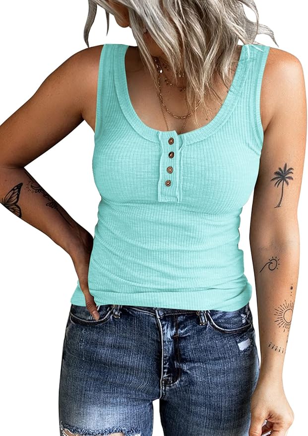 KINLONSAIR Women's Sleeveless Henley Tank Tops Ribbed V Neck Button Down T Shirts Summer Slim Fit Tee Tops