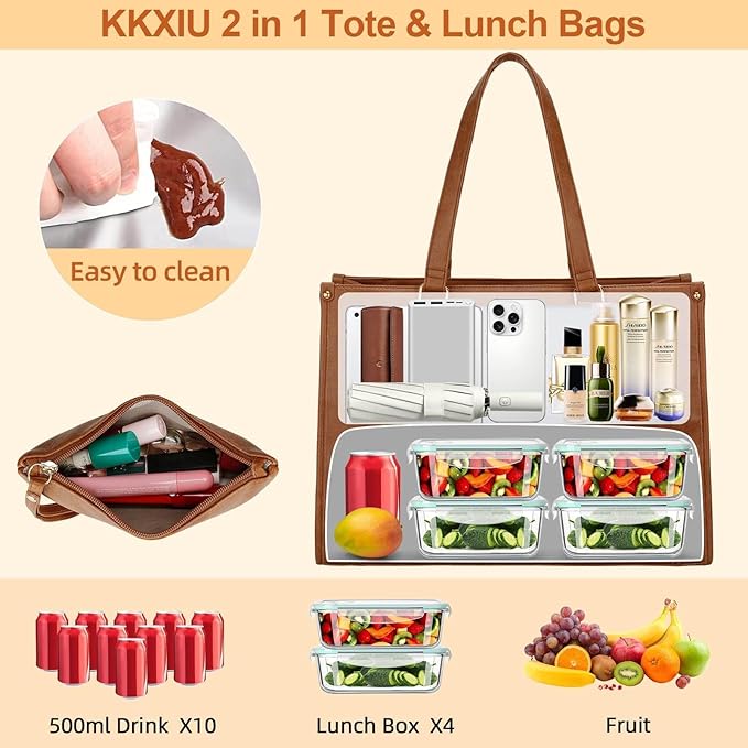 KKXIU Lunch Tote Bag for Women - 15.6" Ladies Work Tote, Laptop Purse with Insulated Lunch Compartment, Quilted Computer Handbag with Large Capacity for Work, Office, Nurse, Teacher (Brown)