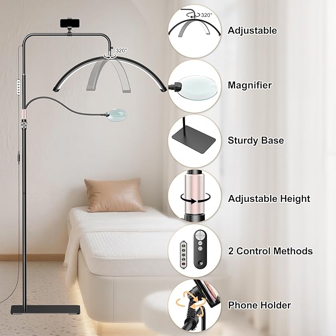 Half Moon Lash Light - Adjustable LED Floor Lash Lamp with 4X Magnifier & Phone Holder for Eyelash Extensions,Nail Art,Tattoo,Skincare,Salon SPA-Dimmable Brightness,Rotating Head, Black