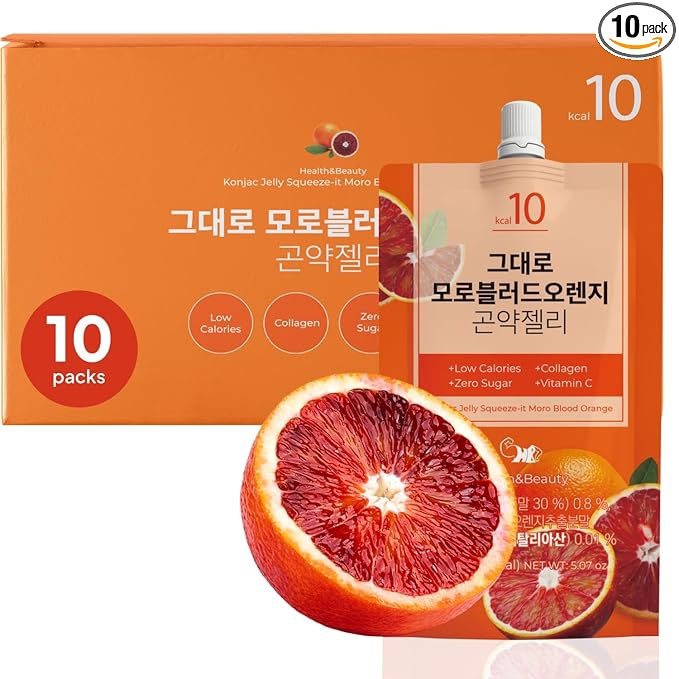 Korean Food Low Calories Squeeze Konjac Jelly Moro Blood Orange Flavor, Fish Collagen, Vitamin, Zero Sugar, Chewier Texture Health&Beauty (Net WT 5.07 oz, Pack of 10) 곤약젤리