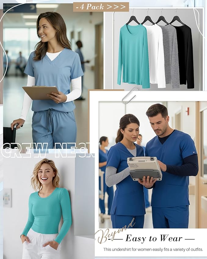 4 Pack Women's Underscrub Shirts Nurse Undershirts Long Sleeve Crewneck Slim Fit Tops Soft Stretchy Basic Tee