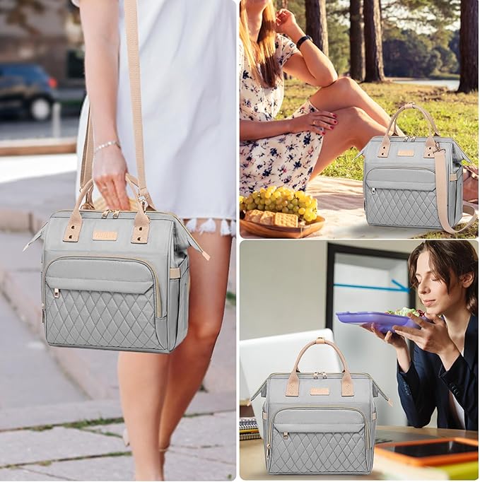 AIJIEKE Lunch Bag for Women, Leakproof & Insulated Work Lunch Tote, Reusable Adult Cooler Bag with Water Bottle Side Pocket & Removable Shoulder Strap, Grey