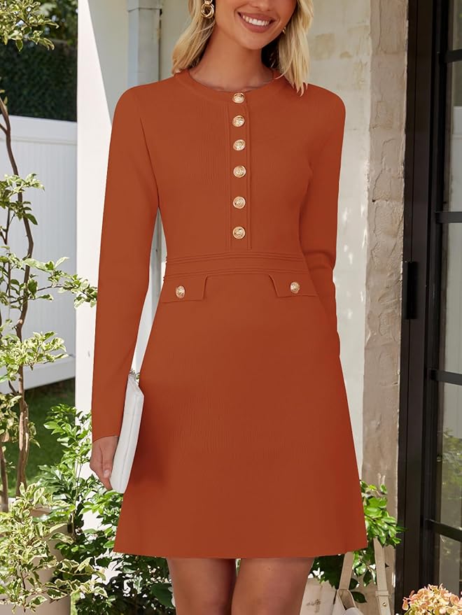 NENONA Women's 2026 Long Sleeve Fall Winter Sweater Dress Spring Fashion Button Elegant Business Casual Work Mini Dresses