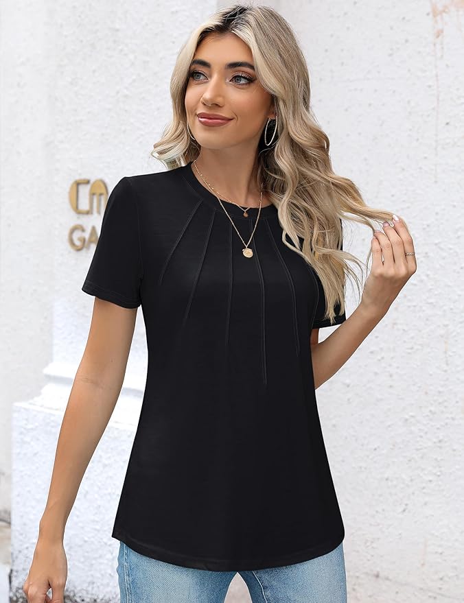 Kistore Womens Casual Crew Neck Short Sleeve Pleated Tops Blouses Fashion Clothes 2026