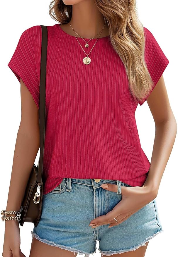 JUSTFASHIONNOW Womens Short Sleeve Blouses Business Casual Tops Crew Neck Basic Tees Textured Work Shirts Cute Office Outfits
