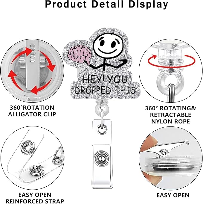 Hey You Dropped This Badge Reels Retractable Funny Cute Brain Neuro Badge Holder with Badge Reel ID Clip Name Tag Card Tag Card Badge Clip Acrylic Accessories Gifts Nurse