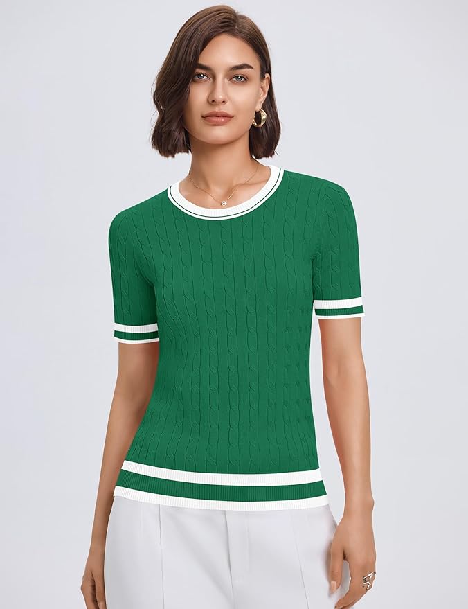 Micoson Womens Short Sleeve Cable Knit Sweater Tops Crewneck Lightweight Spring Summer Shirts Business Dressy Casual Outfits