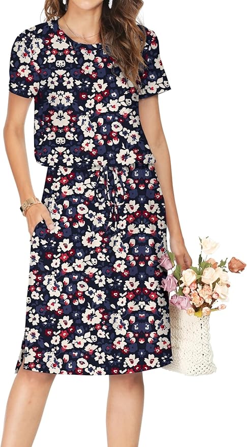 Simier Fariry Womens Spring Hide Belly Knee Length Travel Dress Pocket Summer Short Sleeve Midi Work Casual Outfits