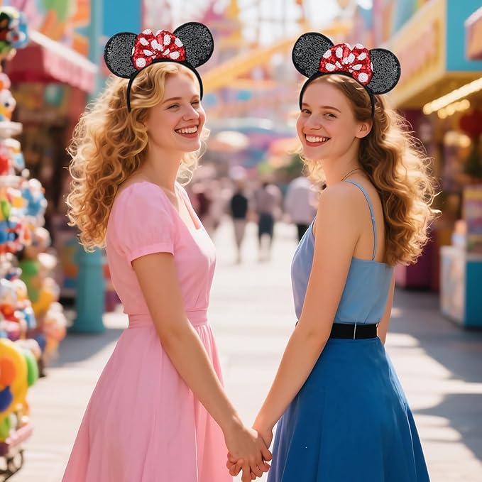 Sotaila 2 Pack Red Mouse Ears Headbands for Women Girls, Sequin Bow Headband for Cosplay Costume Birthday Party Decorations Hair Accessories
