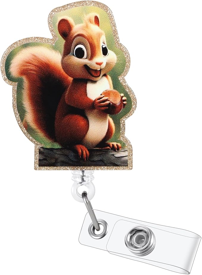 Cute Squirrel Badge Reel, Retractable ID Card Badge Holder, Name Tag Work Badge Clip for RN LPN CNA MA Night Shift Nurse Nursing Student OB/GYN Pediatric Doctor, Librarian Nurse Teacher Doctor Gifts