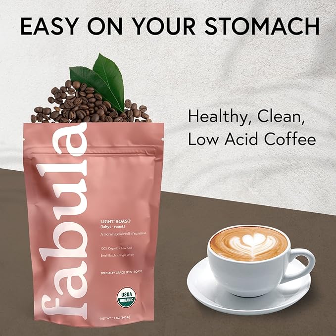 Fabula Coffee Light Roast Whole Beans - Organic - Low Acid - Single Origin - Non-GMO - Mold Free - 12 Ounces