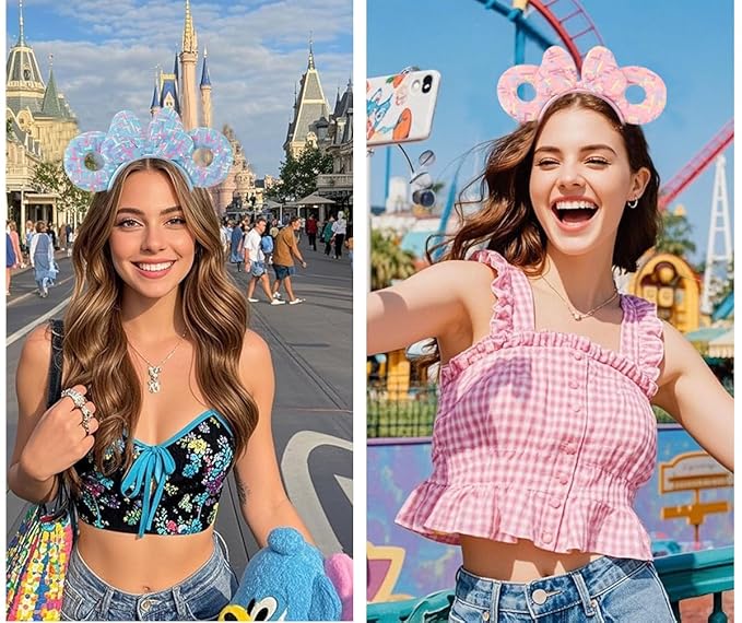 WW-WONDERFULWORLD 2 Pack Mouse Ears Headband Sets, Multicolor line Maze Sequin Pattern, Pink & Blue Band, Party Costume Accessory; TTQ2