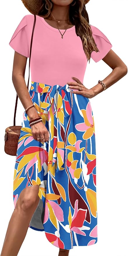 Zeagoo Womens Midi Dress Summer Short Sleeve Dress with Pockets 2025 Casual Floral T-Shirt Dress Flowy Beach Sundress