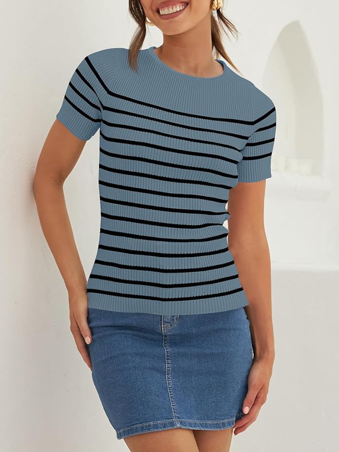 ZESICA Women's Short Sleeve Crewneck Striped T Shirt 2026 Summer Ribbed Knit Slim Fit Casual Basic Tee Tops