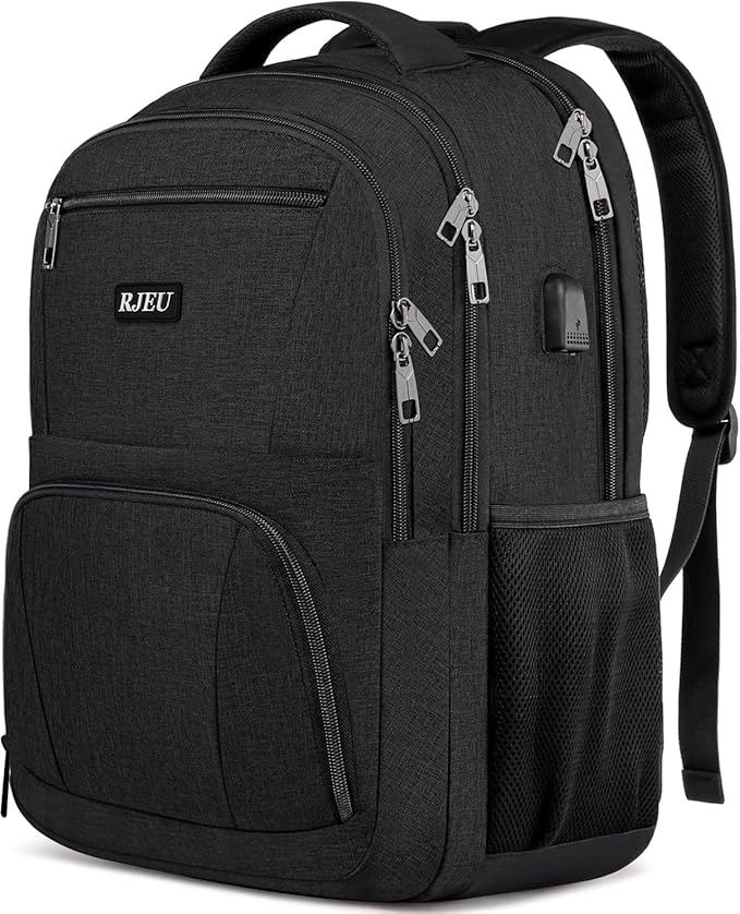 RJEU School Backpack for Teen Boys,15.6 Inch Anti Theft Laptop Bookbag with USB Charging Port, Water Resistant College, High School, Ergonomic Straps, Multiple Compartments, Men, Black