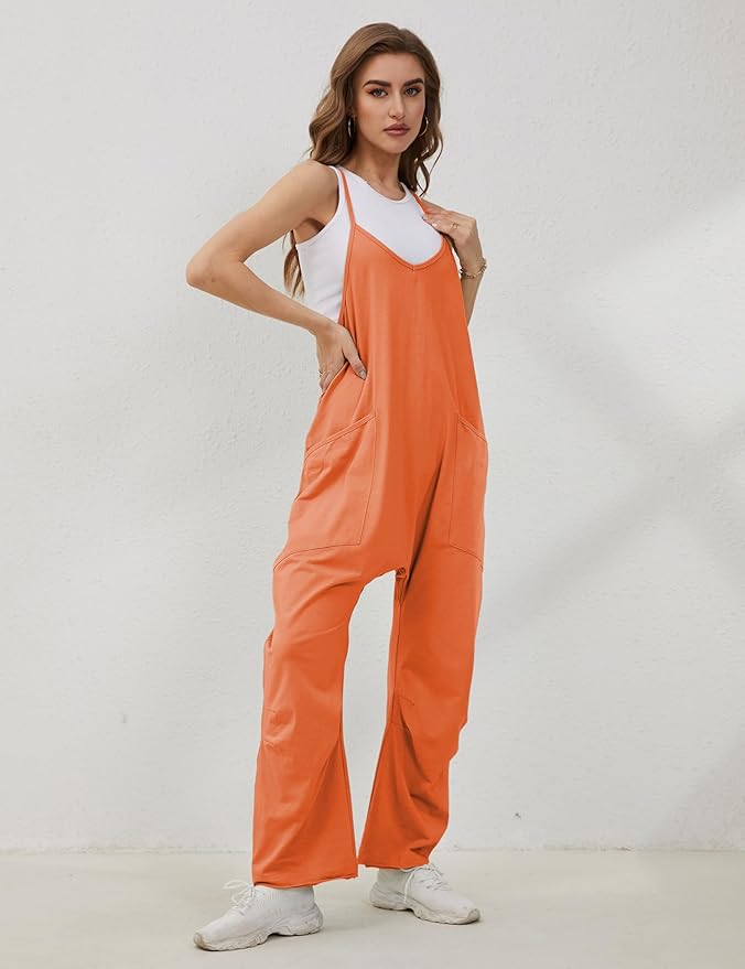 Lentta Women's Causal Jumpsuits V Neck Sleeveless Harem Overalls Stretchy Adjustable Strap Romper with Pockets