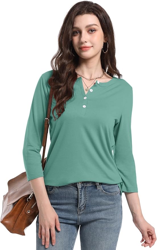PGANDS Women's 3/4 Length Sleeve T Shirts Button Down Scoop Neck Casual Tops