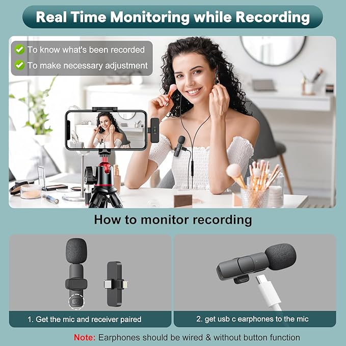 MAYBESTA Wireless Mini Microphone for iPhone, Android Phone - Bluetooth Lavalier Lapel Mic for Audio Video Recording - Clip on Content Creator Microphones for YouTube Tiktok Podcast Vlogging