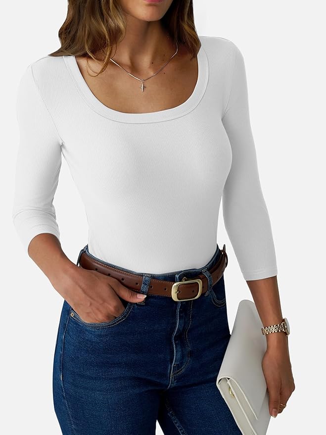 Womens 3/4 Sleeve Scoop Neck Top Ribbed Knit Slim Fitted Casual Basic Tee Shirts 2025 Fall Trendy Work T-Shirt Outfits