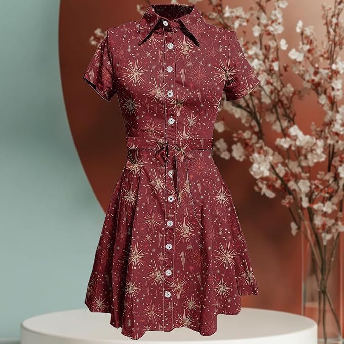 MARSVOVO Cute T Shirt Dress for Women Short Sleeve Button Up Tie Waist Elegant Casual Collared Smocked Midi Dress
