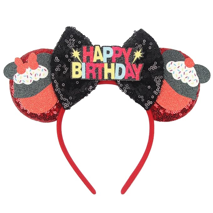 bianbaistar Red Black Sequin Birthday Ear Headband - Cupcake Detail Hair Accessory for Birthday Bash, Theme Park & Celebration Events