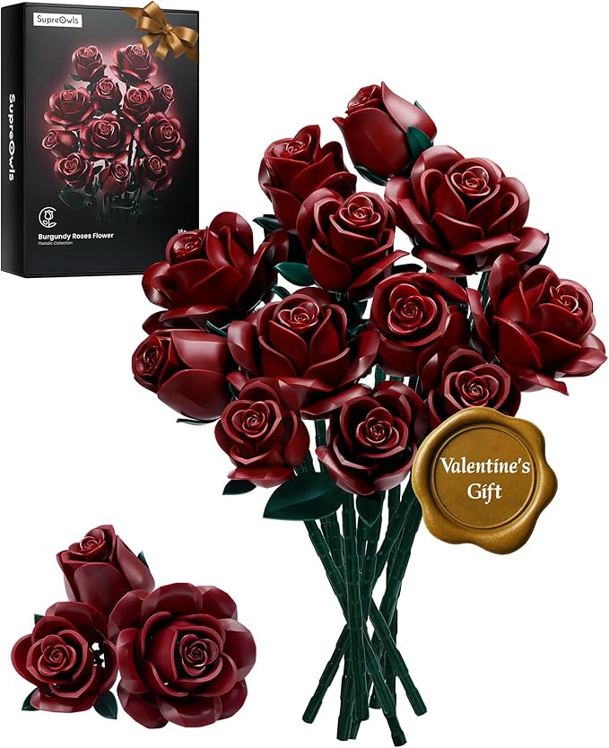 iATOM Burgundy Red Rose Bouquet Building Set, 12Pcs Flower Botanical Collection Kit for Adult, Valentine's Day Gift for Her/Girlfriend/Mom/Wife/Couple, Vintage Home Office Table Centerpiece Decor