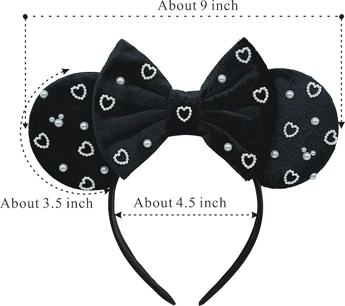 WW-WONDERFULWORLD Mouse Ears Headband with Black Velvet Bow, Pearl Heart Decorations, Costume Accessory, Party Cosplay; 8AX