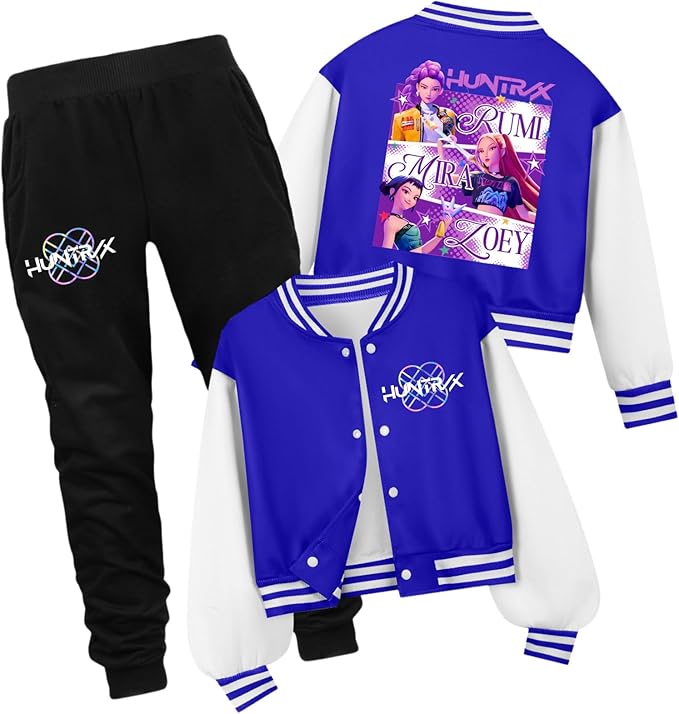 K PopGirls Kpop Tracksuit Cute Cartoon Print Baseball Coats Fashion Long Sleeve Jackets and Pants Christmas Costume Set