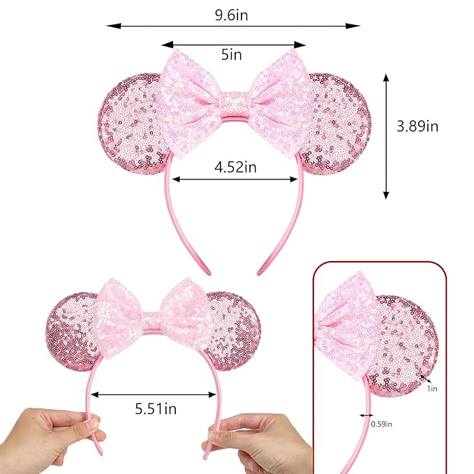 HAMUTH Pink Bow Mouse Ears,Mouse Ears Headband Hairs Accessories for Women Girls,Bow Birthday Decorations for Party Trip Parks Cosplay Accessories