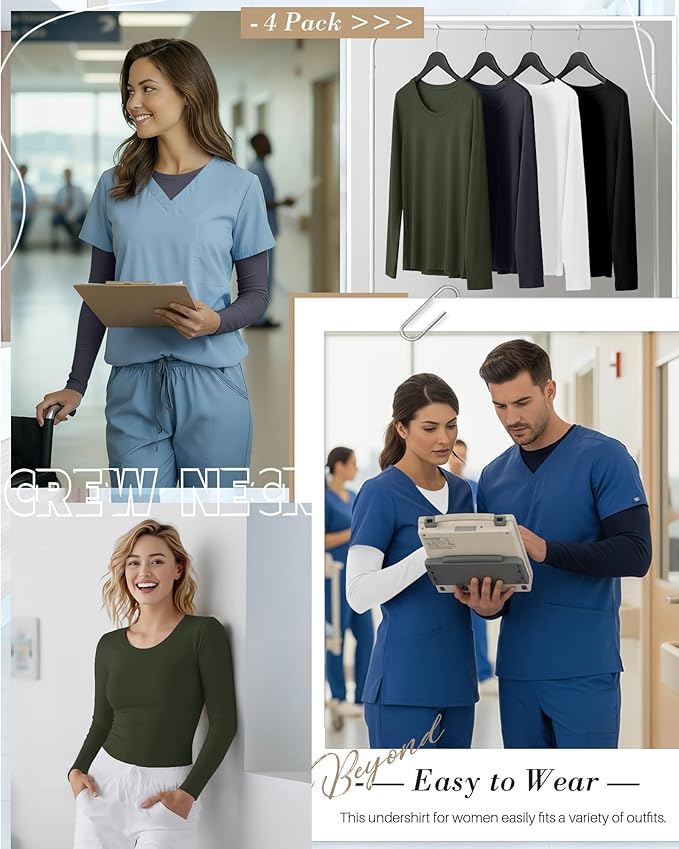4 Pack Women's Underscrub Shirts Nurse Undershirts Long Sleeve Crewneck Slim Fit Tops Soft Stretchy Basic Tee