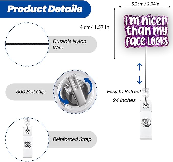 Funny Nurse Badge Reel, Retractable Pediatric Badge Reel, I'm Nicer Than My Face Looks RN Badge Holder, Nursing Student ID Badge Clip, CNA MA Medical Worker Nurse Office Accessories for Work