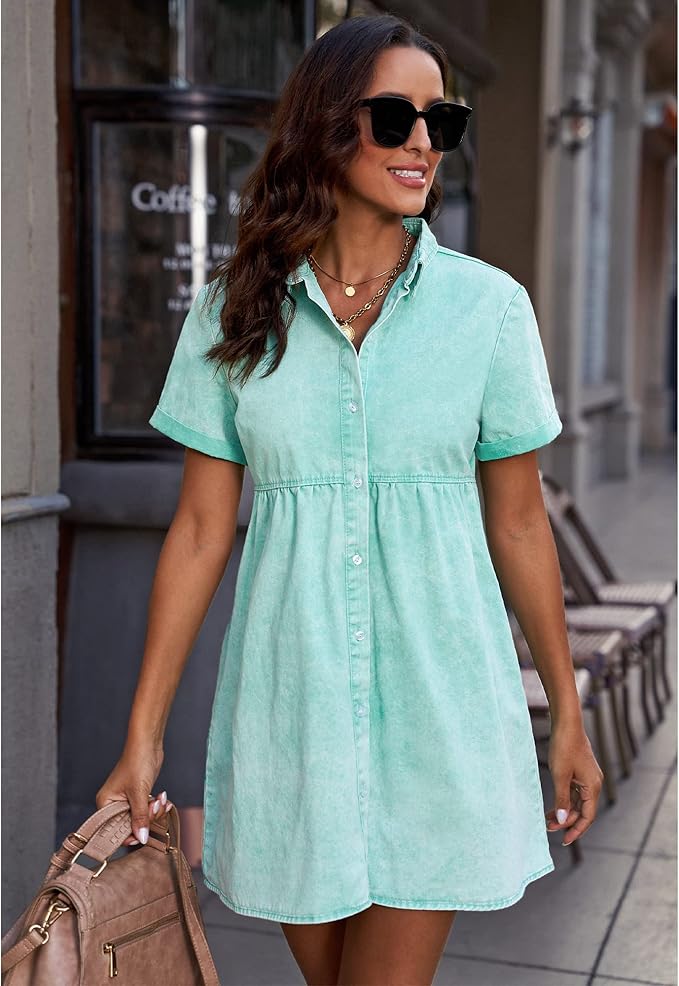 LookbookStore Women's Short Sleeve Button Down Flowy Tiered Babydoll Denim Dress