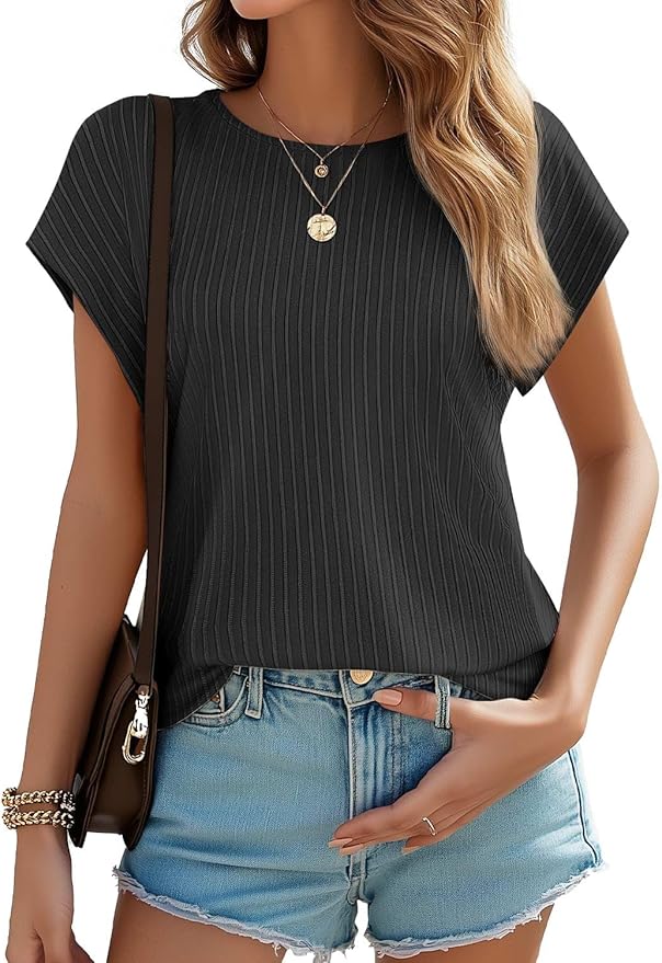 JUSTFASHIONNOW Womens Short Sleeve Blouses Business Casual Tops Crew Neck Basic Tees Textured Work Shirts Cute Office Outfits
