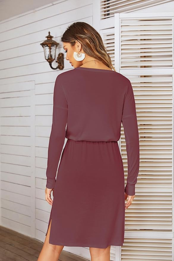 Simier Fariry Womens Spring Hide Belly Knee Length Travel Dress Pocket Summer Short Sleeve Midi Work Casual Outfits