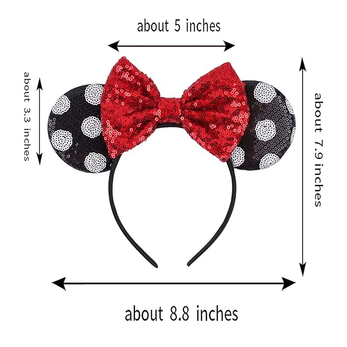 Foeran Mouse Ears Headbands Shiny Bows Mouse Ears Glitter Party Princess Decoration Cosplay Costume for Girls Women (white polka dot red)