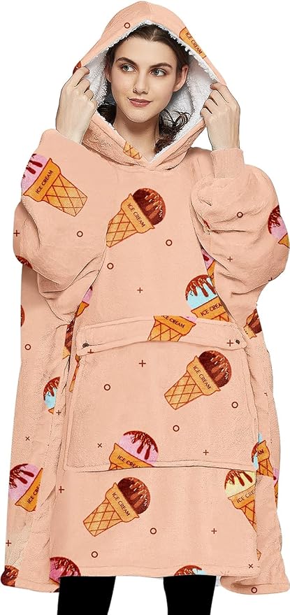 KFUBUO Wearable Blanket Hoodie for Adults Sherpa All Patterns Ice Cream Oversized Sweatshirt Blanket with Pockets Cute Birthday Gifts for Women