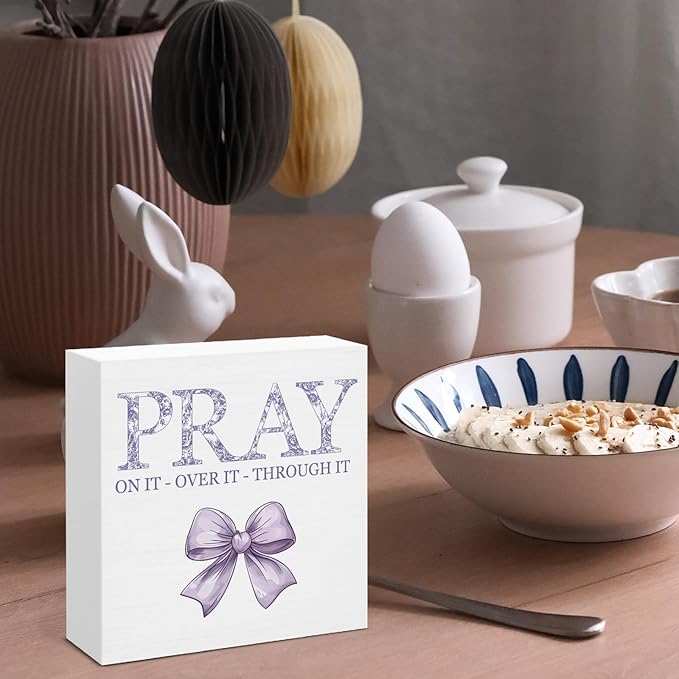 Purple Bow Room Decor, Inspirational Christian Gifts for Women, Pray on it Pray Through it Bible Verse Wooden Sign for Home Office Desk Decoration
