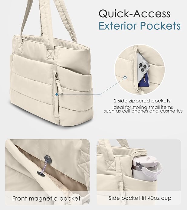 Tote Bag for Women with Zipper, Quilted Puffer Tote Bag with Compartments, Lightweight Puffy Work Bags for Women Travel
