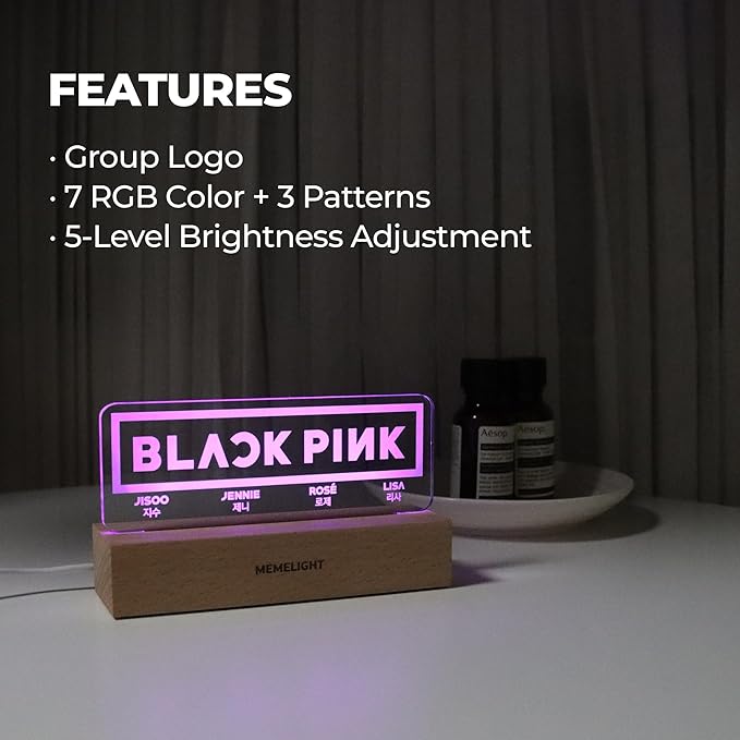 MEMELIGHT Black.Pink Night Light, Kpop Merchandise, Korean Idol Lamp for Blink, 7RGB Color, Dimmer, 8.3 x 4.2 x 1.7