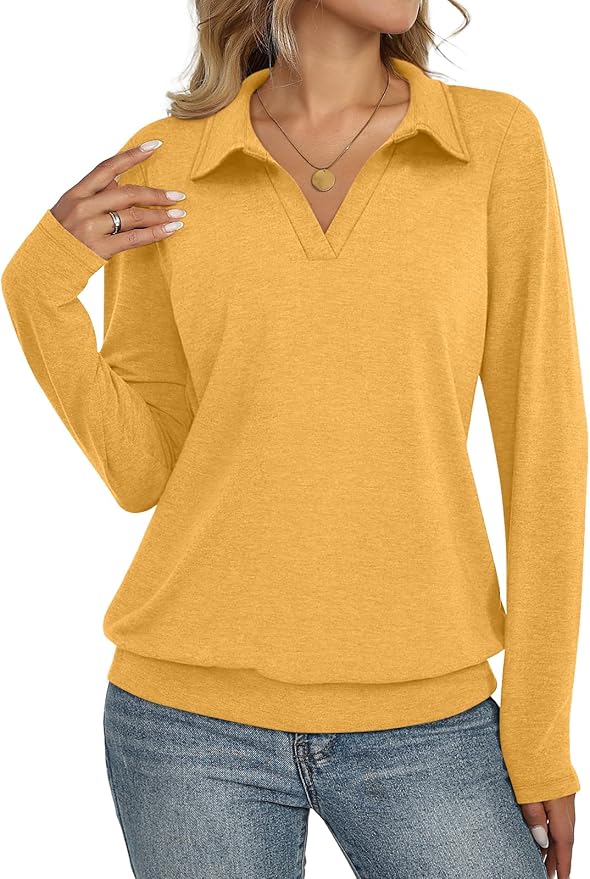 Womens Polo Shirts Long Sleeve Banded Bottom Tops Business Casual Tops Collared V Neck Blouses