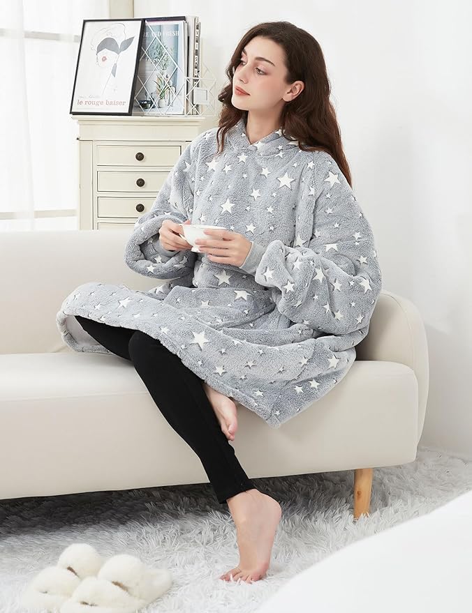 KFUBUO Wearable Blanket Hoodie for Adults Sherpa Glow in The Dark Oversized Sweatshirt Blanket with Pockets Cute Birthday Gifts for Women