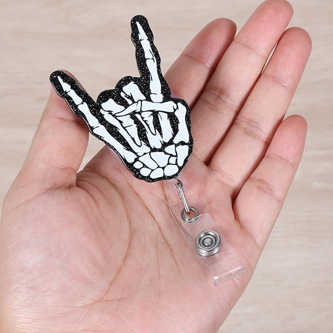 Rock On Sign Bones Funny Badge Reel, Fun Retractable ID Card Badge Holder, Name Tag Work Badge Clip for Radiology Rad Tech RT Nurses Radiation Workers, Cool Nurse & Tech Halloween Gifts