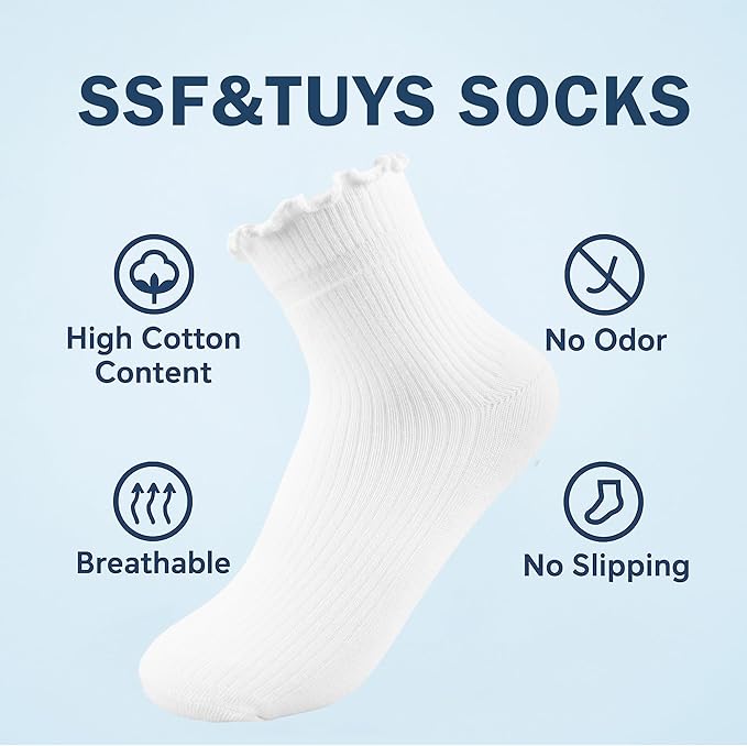 SSF&TUYS Ruffle Socks for Women – Soft Cotton Frilly Ankle Socks, Cute, Breathable & Comfy, 6 Pairs