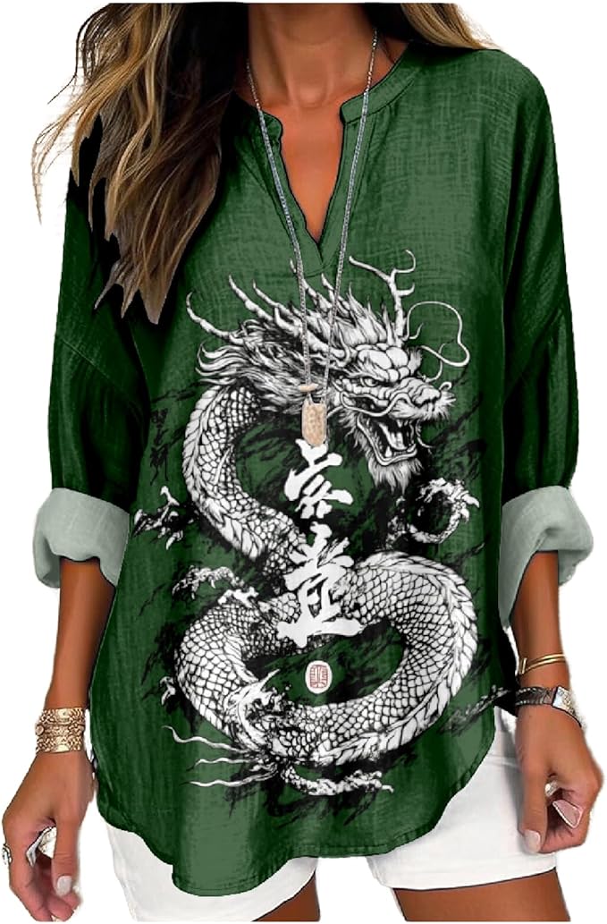 MARSVOVO V Neck Shirt For Women Boho Multi Style Blouse Long Sleeve Novelty Graphic Plus Size Pullover Tops For Women