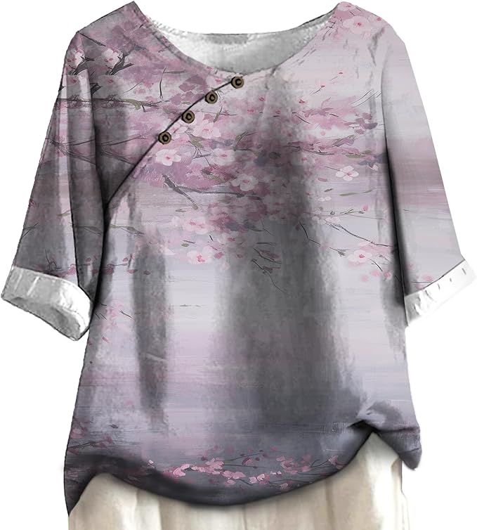 Women's Shirts Dressy Casual Asymmetric Side Button Down Design Tops Summer Loose Fit Crewneck Graphic Tees
