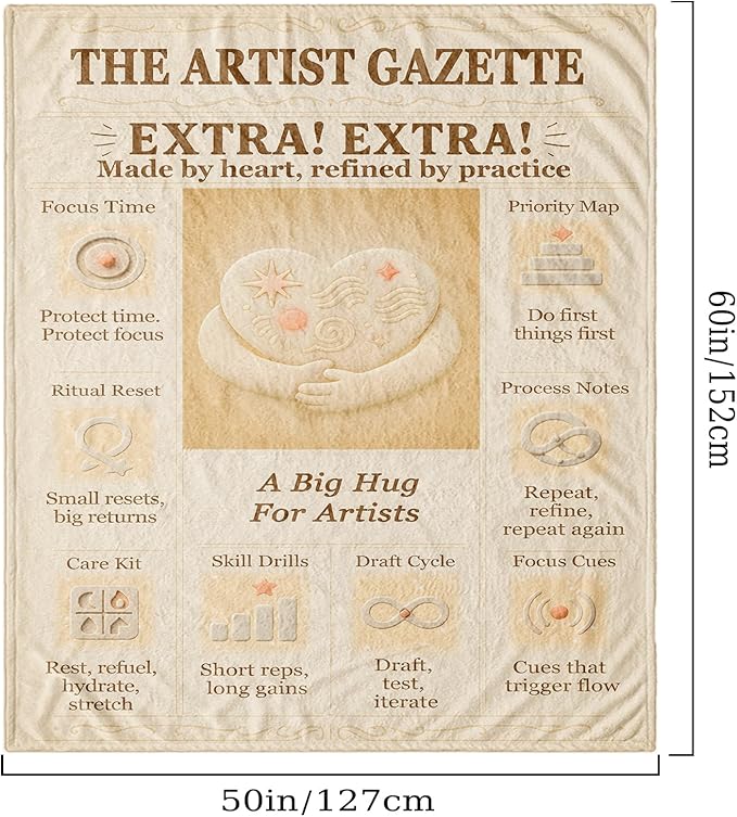 Artist Blanket 60x50 Flannel Fleece, Retro Editorial Newspaper-Style Motivational Throw, Studio & Home Decor, Creative Gift for Creators, Women, Art Teachers, Couch/Bed