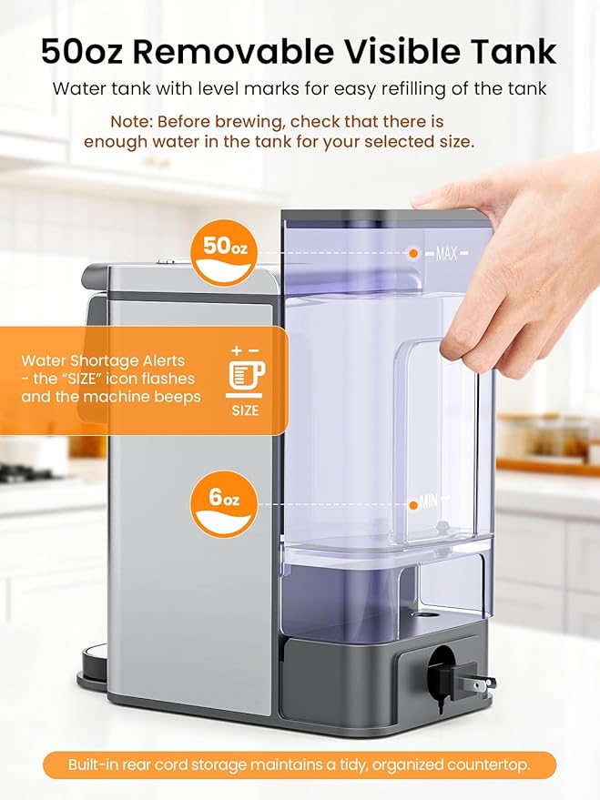 Karosie K Cup Coffee Maker with Strong Brew Setting, 50oz Removable Tank, 6-14 oz Brew Sizes Hot & Iced Coffee Machine for K-Cup and Grounds, Descaling Reminder, Stainless Steel,Black