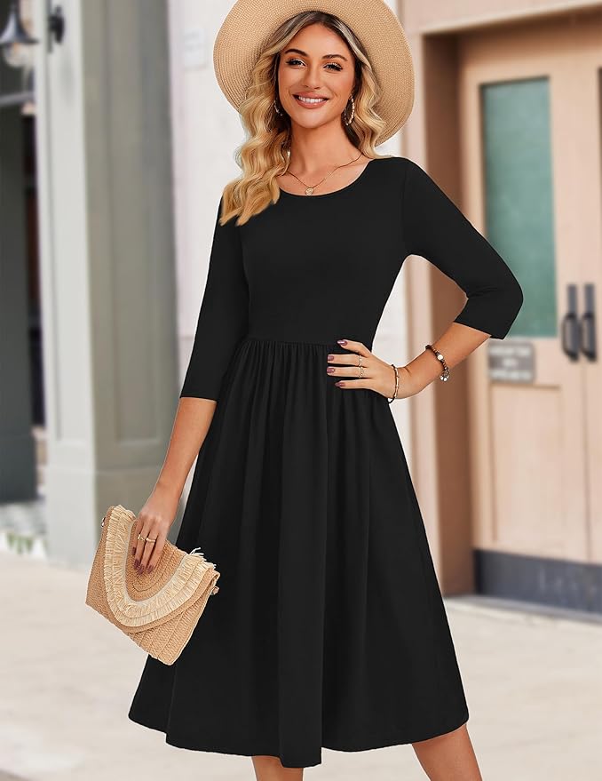 Zeagoo 3/4 Sleeve Women's Dress Casual Flowy A-Line Midi Tshirt Dresses with Pockets Crewneck Vocation Boho Beach Sundress