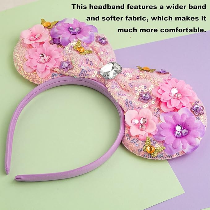 CHuangQi Mouse Ears Headbands with Shiny Bow, Double-sided Sequins Glitter Hair Band for Birthday Party Celebration or Event